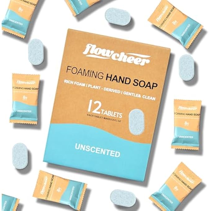 flowcheer FOAMING HAND SOAP REFILL TABLETS, 12 PACK (MAKES 12 X 9 FL OZ), UNSCENTED HAND WASH SOAP TABLETS FOR ZERO WASTE ECO FRIENDLY CLEANING SUPPLIES - Image 1